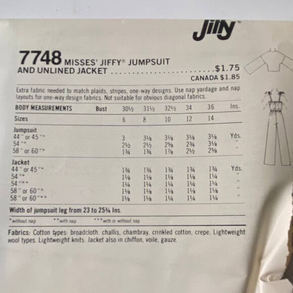 Simplicity 7748 Jumpsuit Jacket Pattern Miss 6-8 Unlined Jiffy 80s Office Date - Picture 4 of 6
